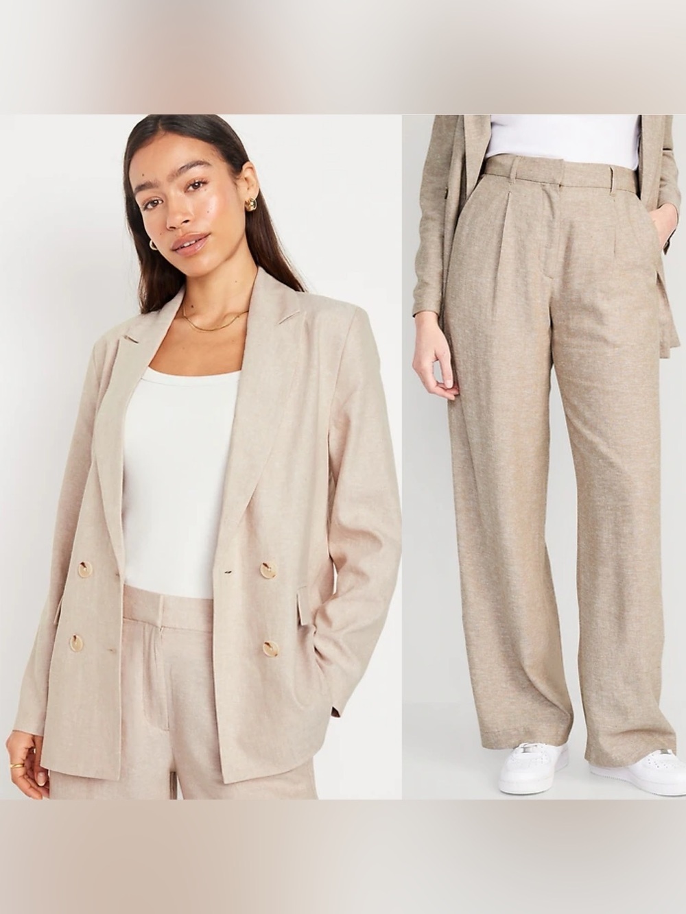 Old Navy Beige Khaki Wide Leg Linen Blend Blazer Pants Jacket Suit M Medium